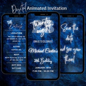 Digital Blue 28th Birthday Invitation, Animated 28th Birthday Party Invitation, Editable 28th Birthday Dinner Video Invitation Template