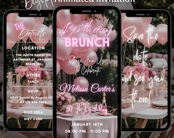 Digital Pink Birthday Brunch Party Invitation, Editable Birthday Brunch Video Invite, Birthday Brunch Animated Invite, Brunch Template