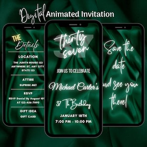 Digital Green 37th Birthday Invitation, Animated 37th Birthday Party Invitation, Editable 37th Party Video Invitation, Text Message Invite