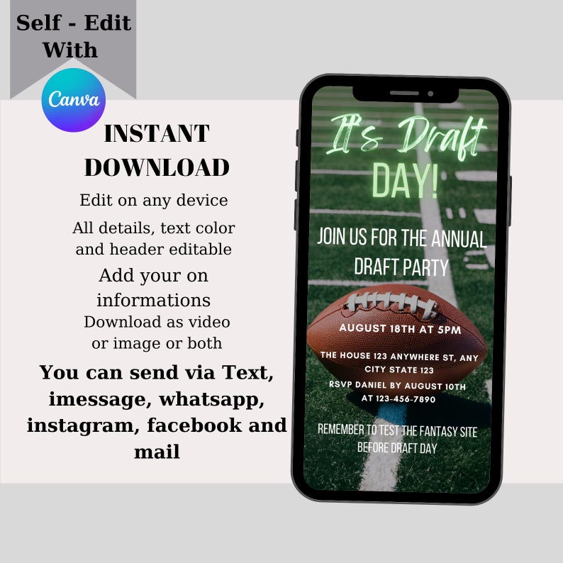 May include: A digital invitation for a football draft party. The invitation is displayed on a smartphone screen with a green and white football field background. The text on the invitation reads "It's Draft Day!" and includes details about the event, such as the date, time, location, and RSVP information.