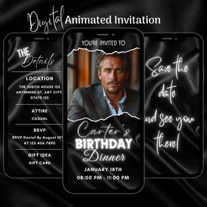 Digital Black Men Birthday Party Invitation, Editable Men Birthday Video Invite Man Birthday Animated Invitation, Male Birthday Dinner Party