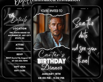 Mobile Editable Black Elegant Birthday Party Video Invitation, Animated Dinner Party Invite (Digital Download)