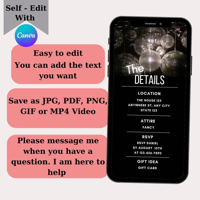 May include: A black and white digital invitation with a disco ball theme. The text "The Details" is in a white box with a black outline. The invitation includes the location, attire, RSVP information, and gift idea.