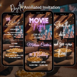 Editable Movie Night Birthday Invitation, Animated Movie Night Invitation, Movie Party Video Invite, Digital Cinema Party, Girls Night In