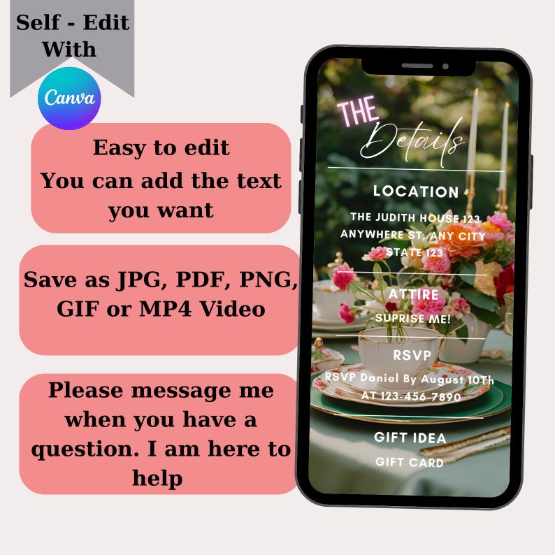 Pu&ograve; includere: Un mockup di schermo del telefono rosa e verde con il testo "THE Details" in un font al neon rosa. Il testo "LOCATION" &egrave; seguito da "THE JUDITH HOUSE 123, ANYWHERE ST, ANY CITY, STATE 123". Il testo "ATTIRE" &egrave; seguito da "SUPRISE ME!" Il testo "RSVP" &egrave; seguito da "RSVP Daniel By August 10th AT 123-456-7890". Il testo "GIFT IDEA" &egrave; seguito da "GIFT CARD".