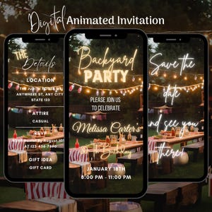 May include: Digital invitation for a backyard party. The invitation features a photo of a backyard with fairy lights and a table set for a party. The text on the invitation reads "Backyard Party", "Please join us to celebrate", "Melissa Carter's 30th Birthday", "January 18th", "8:00 PM - 11:00 PM".