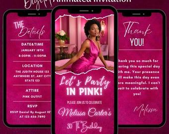 Pink Birthday Video Invitation, Animated Editable Birthday Party Invite Template, Let’s Party in Pink Evite (Digital Download)