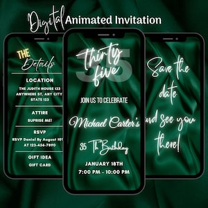 Digital Green 35th Birthday Invitation, Animated 35th Birthday Party Invitation, Editable 35th Party Video Invitation, Text Message Invite