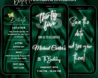 Animated Green 35th Birthday Invitation: Editable Dinner Party Video Invite (Digital Download, Canva Template)