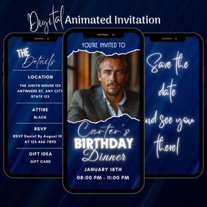 Digital Blue Men Birthday Party Invitation, Editable Men Birthday Video Invite, Man Birthday Animated Invitation, Male Birthday Dinner Party