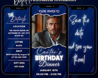 Animated Blue Men Birthday Party Invitation, Editable Birthday Dinner  Video Invite (Digital Download)