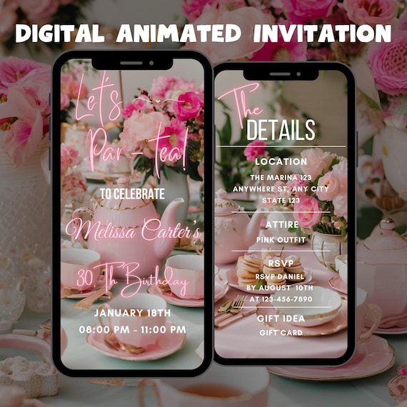 Editable Pink Tea Party Birthday Invitation, Digital Pink Party Tea Invite, Birthday Brunch Animated Invitation, Brunch Party Evite Template