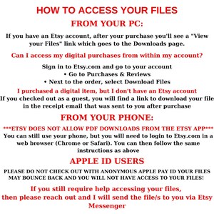 May include: Instructions on how to access digital files purchased from Etsy.com. The text explains how to access files from a computer or phone. It also mentions that Etsy does not allow PDF downloads from the Etsy app. The text also includes a warning about using an anonymous Apple Pay ID.