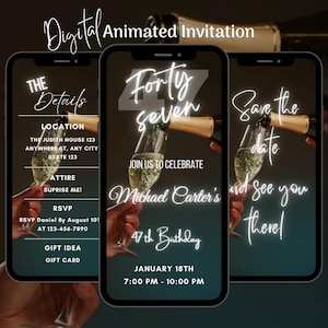 Digital 47th Birthday Invitation, Animated 47th Birthday Party Invite, Editable 47th Dinner Party Video Invitation Template, Text Message