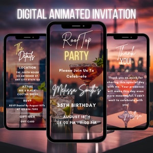 Peut inclure: Invitation numérique pour une fête sur le toit célébrant le 35e anniversaire de Melissa Smith. L'invitation présente un arrière-plan de ville avec des cocktails et le texte "Roof Top Party" en jaune. L'événement est prévu le 18 août de 20h00 à 23h00.