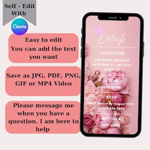 May include: A pink and white floral phone screen mockup with the text "THE Details" in pink neon lettering. The text "LOCATION" is followed by an address, "ATTIRE" with the text "SUPRISE ME!" and "RSVP" with the text "RSVP Daniel By August 10th AT 123-456-7890". The text "GIFT IDEA" is followed by "GIFT CARD".