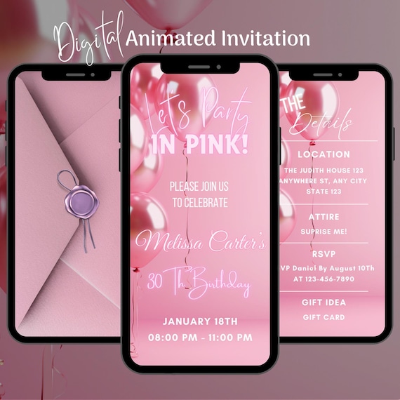 Editable Pink Birthday Video Invitation: Animated Lets Party in Pink Evite, Elegant Pink Birthday Invite Template (Digital Download)