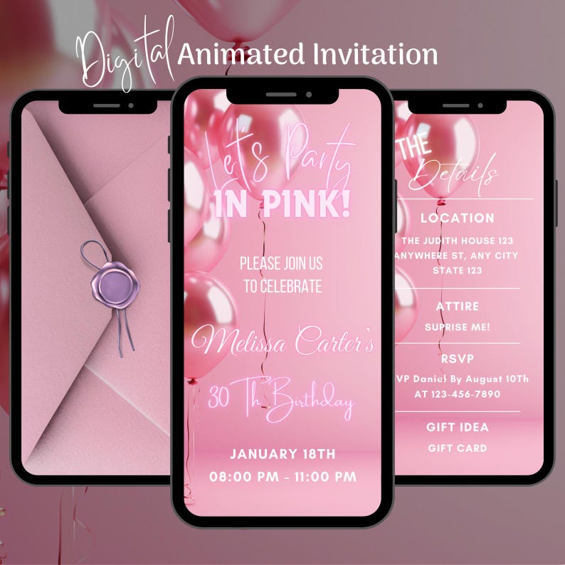 K&ouml;nnte beinhalten: Digitale animierte Einladung auf einem Smartphone-Bildschirm. Die rosa Einladung zeigt "Let's Party in Pink!" und Details f&uuml;r eine 30. Geburtstagsfeier. Ein rosa Umschlag mit einem lila Siegel ist ebenfalls zu sehen, neben dem Telefon.