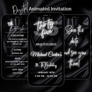 Digital Black 35th Birthday Invitation, Animated 35th Birthday Party Invitation, Editable 35th Birthday Video Electronic Invite Template