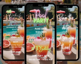 Digital Birthday Pool Party Video Invitation, Editable Animated Summer Beach Party Invite