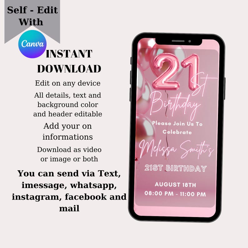 Pu&ograve; includere: Un invito digitale rosa e bianco per una festa di compleanno di 21 anni. L'invito presenta un grande numero 21 rosa con il testo "Birthday" e "Please Join Us To Celebrate". L'invito include anche il nome "Melissa Smith's" e la data e l'ora della festa: "August 18th, 08:00 PM - 11:00 PM".