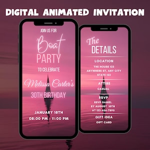 Editable Digital Boat Birthday Party Invitation, Animated Yacht Party Invite, Boat Party Video Invitation, Pink Sunset Boat Party Evite,