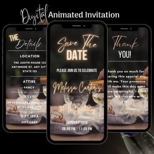 Bewerkbare digitaal geanimeerde Save The Date verjaardagsuitnodiging sjabloon, verjaardagsdiner video-uitnodiging, uitnodiging voor verjaardagsfeestje, Save the Date