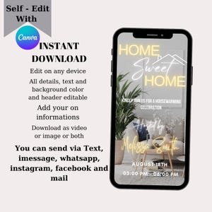 May include: A digital invitation for a housewarming party with a neon sign that says "Home Sweet Home". The invitation is customizable and can be downloaded as a video or image. The text on the invitation says "Kindly join us for a housewarming celebration. Hosted by Melissa Smith. August 18th, 03:00 PM - 06:00 PM."