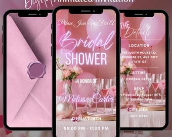 Invitación editable para despedida de soltera, video invitación animada para boda en rosa, plantilla de Evite para despedida de soltera (descarga digital)
