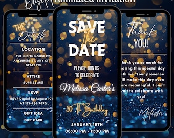 Animated Elegant Birthday Party Invitation, Editable Mobile Blue Save the Date Video Evite Template (Digital Download)