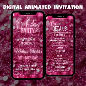 Editable Pink Glitter Birthday Party Invitation, Digital Pink Birthday Party Animated Invitation, Pink Birthday Party Text Video Invitation