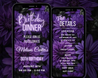 Floral Purple Birthday Dinner Video Invitation, Animated Elegant Party Smartphone Invite, Editable Luxury Mobile Evite Template