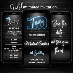 Digital Blue 10. Geburtstag Party Einladung, Bearbeitbare Animierte Neon Blaue Einladung zum 10.Geburtstag, 10.Geburtstag Video-Einladungsvorlage