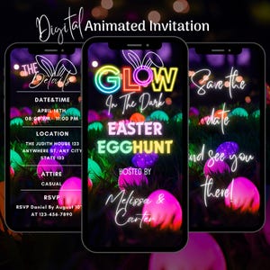 Może przedstawiać: Cyfrowe zaproszenie na polowanie na jajka wielkanocne w ciemności. Zaproszenie zawiera neonowy różowy, zielony i niebieski projekt z tekstem "Glow in the Dark Easter Egg Hunt" i "Hosted by Melissa & Carter".