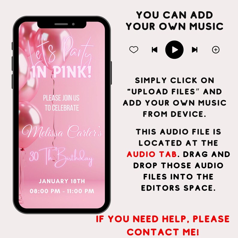 K&ouml;nnte beinhalten: Ein Smartphone zeigt eine rosa Geburtstagseinladung mit dem Text "Let's Party in Pink!" und "Melissa Carter's 30. Geburtstag". Der Telefonbildschirm zeigt auch Musiksteuerungen und Anweisungen zum Hinzuf&uuml;gen von Musik. Der Hintergrund ist hellrosa.