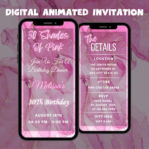 Bewerkbare roze tinten verjaardagsuitnodiging, roze geanimeerde uitnodiging etentje, verjaardagsfeestje digitale uitnodiging, volwassen verjaardag, elke leeftijd