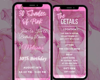 Editable Shades of Pink Birthday Invitation, Pink Dinner Party Animated Invitation, Birthday Party Digital Video Invite Template