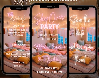Digital Sleepover Party Invitation, Animated Pajama Birthday Party Video Invite, Slumber Girls Night Evite
