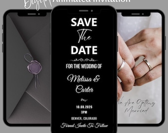 Invitación de boda moderna animada para guardar la fecha, invitación de boda editable, invitación digital electrónica para celebrar la boda.