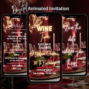 Digital It&#39;s Wine Time-Geburtstagseinladung, bearbeitbare animierte Wein-Geburtstagseinladung, Let&#39;s Sip-Videoeinladungsvorlage, Weingut einladen