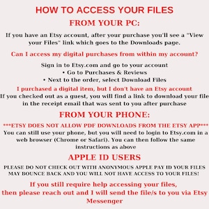 May include: A text-based guide on how to access digital files purchased from Etsy.com. The guide explains how to access files from a computer or phone, and includes instructions for Apple ID users.