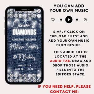 May include: A digital invitation for a 30th birthday party with a denim and diamonds theme. The invitation features a blue denim background with rhinestones and the text "Denim & Diamonds" in white. The text "Please join us to celebrate Melissa Carter's 30th Birthday" is also included, along with the date and time of the party.