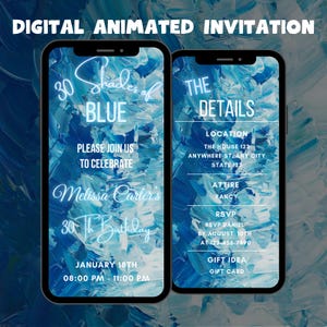 Digital Shades of Blue Birthday Party Invitation, Animated Blue Birthday Video Invitation, Blue Birthday Dinner Party Invitation Template