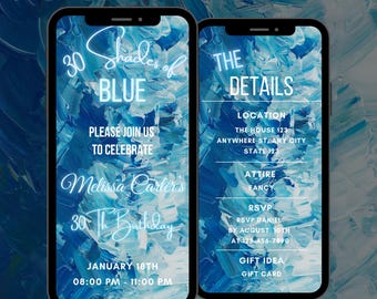 Editable 30 Shades of Blue Birthday Party Invitation, Animated Elegant Dinner Party Video Invite, Digital Elegant Mobile Evite
