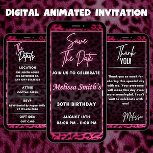 Editable Pink Leopard Birthday Party Video Invitation, Animated Save the Date Birthday Invitation, Pink Birthday Digital Invitation Template