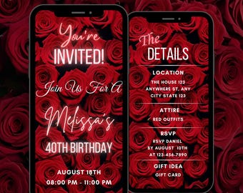 Editable Elegant Red Rose Birthday Party Invitation, Digital Animated Dinner Party Video Invite