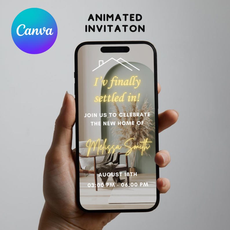 Puede incluir: La pantalla de un tel&eacute;fono m&oacute;vil que muestra una invitaci&oacute;n a una inauguraci&oacute;n de casa con el texto "&iexcl;Por fin me he instalado!" y "&Uacute;nete a nosotros para celebrar el nuevo hogar de Melissa Smith. 18 de agosto, de 15:00 a 18:00 horas".