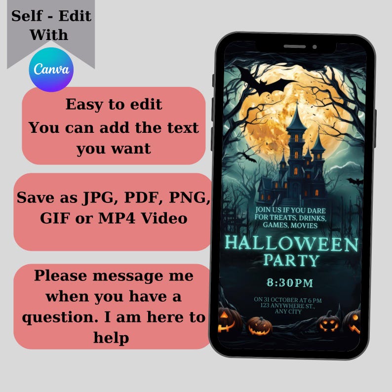 May include: A smartphone displays a Halloween party invitation with a spooky castle, bats, and pumpkins. The invitation includes the text "Halloween Party" and details about the event. Additional text on the image promotes easy editing with Canva and saving options.