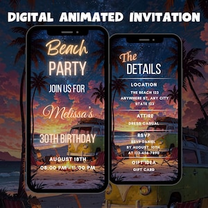 Könnte beinhalten: Digitale Einladung zu einer Strandparty zur Feier von Melissas 30. Geburtstag. Die Einladung zeigt eine Strandkulisse bei Sonnenuntergang mit Palmen und einem Vintage-Van. Der Text enthält Datum, Uhrzeit, Ort, Kleidung, RSVP-Informationen und Geschenkideen.