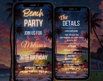 Digital Beach Party Invitation, Animated Bonfire Invite, Editable, Birthday Beach Party Evite Template, Luau Beach Digital Video Invite